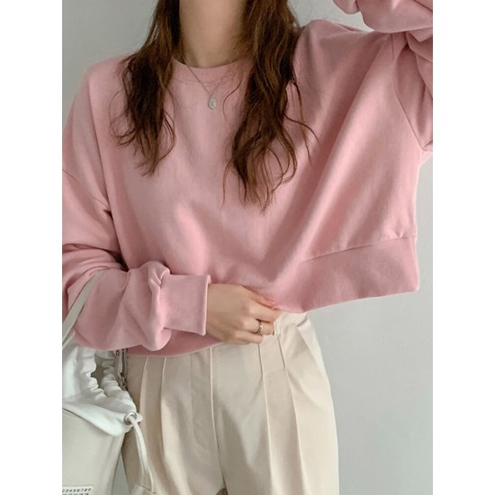 Women Long Sleeve Solid Round Necked Narrow Hem Pullover Sweatshirt Women Long Sleeve Solid Round Necked Narrow Hem Pullover Sweatshirt