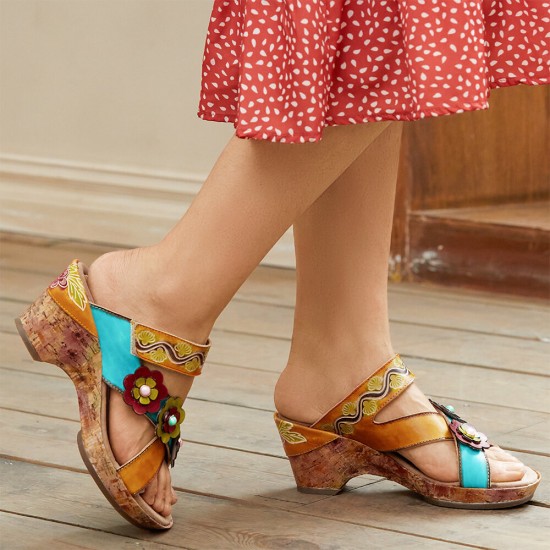 Casual Leather Floral Woodgrain Backless Comfy Chunky Heel Sandals Casual Leather Floral Woodgrain Backless Comfy Chunky Heel Sandals
