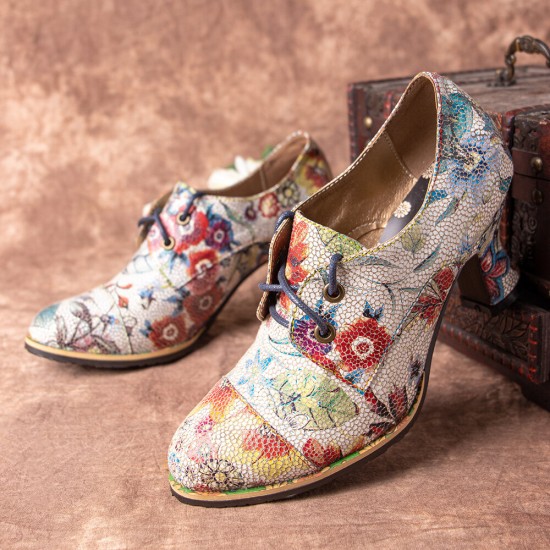 SOCOFY Fresh Natural Flowers Leaves Printed Comfy Wearable Chunky Heel Women Casual Lace Up Pumps SOCOFY Fresh Natural Flowers Leaves Printed Comfy Wearable Chunky Heel Women Casual Lace Up Pumps