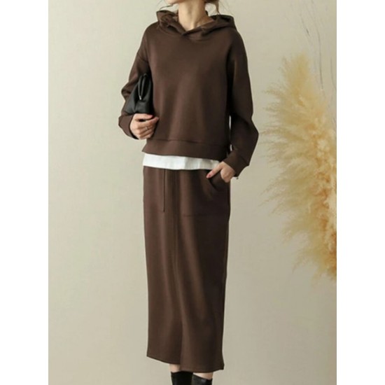 Women Sweatshirt Hooded Solid Side Pocket Calf Length Two Piece Sets Women Sweatshirt Hooded Solid Side Pocket Calf Length Two Piece Sets