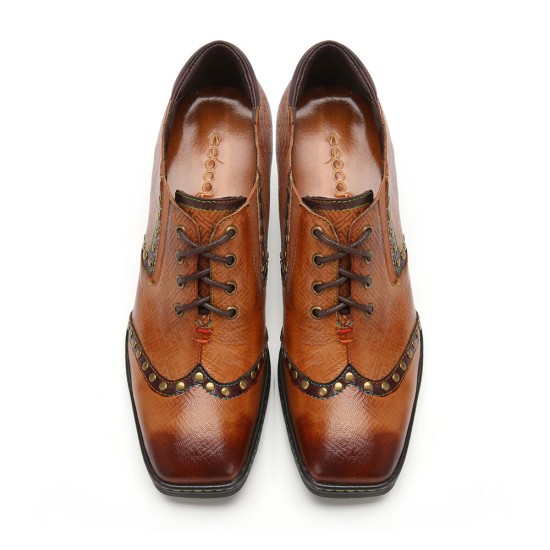 Genuine Leather Comfy Lace up Retro Square Toe Oxfords Heels Genuine Leather Comfy Lace up Retro Square Toe Oxfords Heels