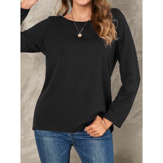 Women Solid Color Basic Designed Pleats Round Neck Long Sleeve Casual Blouses Women Solid Color Basic Designed Pleats Round Neck Long Sleeve Casual Blouses