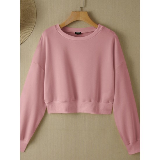 Women Long Sleeve Solid Round Necked Narrow Hem Pullover Sweatshirt Women Long Sleeve Solid Round Necked Narrow Hem Pullover Sweatshirt