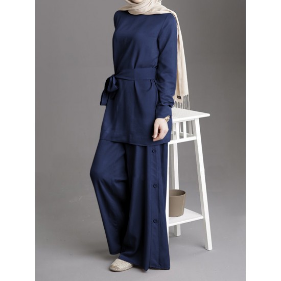 Women Solid Color Belted Blouse Button Loose Pants Two Piece Casual Set Women Solid Color Belted Blouse Button Loose Pants Two Piece Casual Set