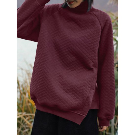 Women Rhombic Turtleneck Thic Full Sleeve Spliced Irregular Hem Pullover Sweatshirt Women Rhombic Turtleneck Thic Full Sleeve Spliced Irregular Hem Pullover Sweatshirt