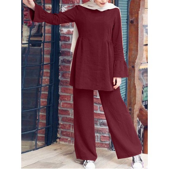 Women Solid Color Ruffle Hem Long Sleeve Top Loose Pants Casual Two Piece Sets Women Solid Color Ruffle Hem Long Sleeve Top Loose Pants Casual Two Piece Sets