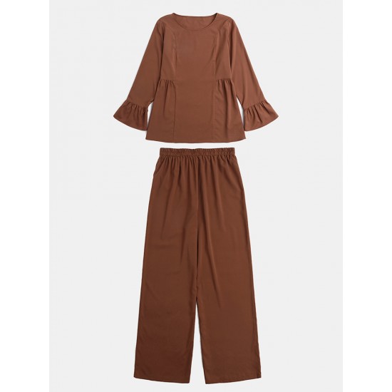 Women Solid Color Ruffle Hem Long Sleeve Top Loose Pants Casual Two Piece Sets Women Solid Color Ruffle Hem Long Sleeve Top Loose Pants Casual Two Piece Sets