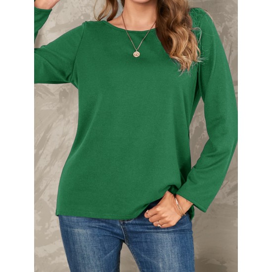 Women Solid Color Basic Designed Pleats Round Neck Long Sleeve Casual Blouses Women Solid Color Basic Designed Pleats Round Neck Long Sleeve Casual Blouses