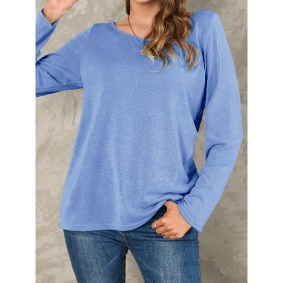Women Solid Color Basic Designed Pleats Round Neck Long Sleeve Casual Blouses Women Solid Color Basic Designed Pleats Round Neck Long Sleeve Casual Blouses