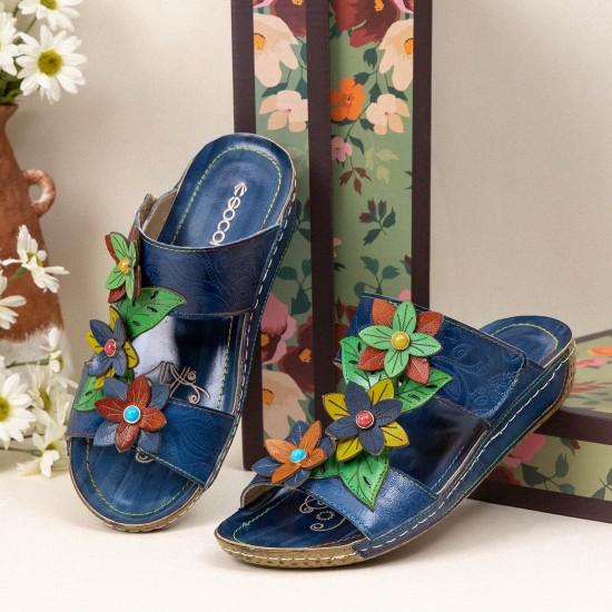 Flowers Decoration Wedges Hook Loop Comfy Sandals Flowers Decoration Wedges Hook Loop Comfy Sandals