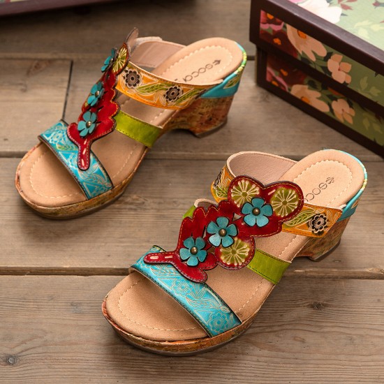 Casual Leather Floral Woodgrain Backless Comfy Chunky Heel Sandals Casual Leather Floral Woodgrain Backless Comfy Chunky Heel Sandals