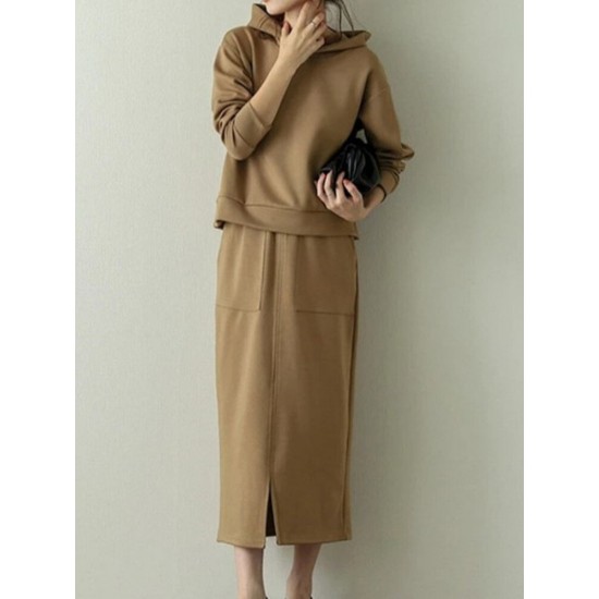 Women Sweatshirt Hooded Solid Side Pocket Calf Length Two Piece Sets Women Sweatshirt Hooded Solid Side Pocket Calf Length Two Piece Sets