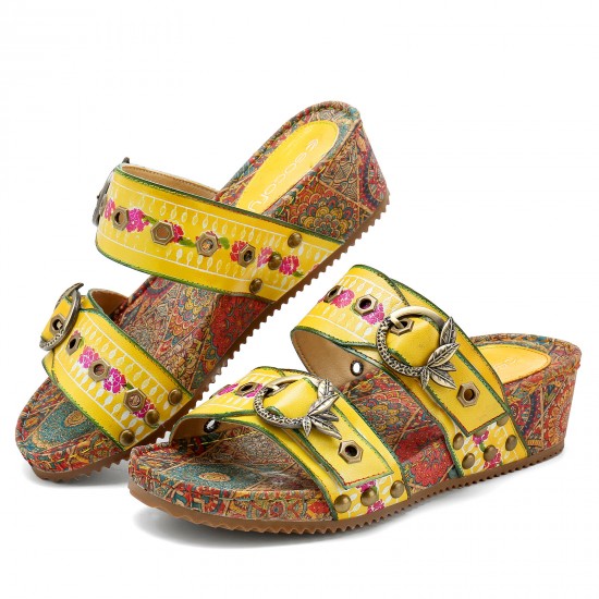 leather Hand Stitched Comfortable Breathable Perforated Buckle Wedge Sandals leather Hand Stitched Comfortable Breathable Perforated Buckle Wedge Sandals