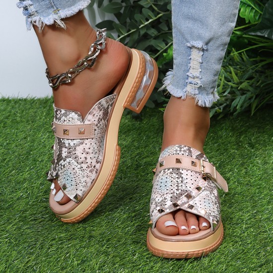 Plus Size Women Casual Fashion Rivet Buckle Decor Snake Skin Slippers Plus Size Women Casual Fashion Rivet Buckle Decor Snake Skin Slippers
