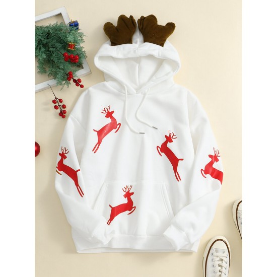 Women Christmas Printed Antler Fleece Thick Casual Hooded Sweatshirt Women Christmas Printed Antler Fleece Thick Casual Hooded Sweatshirt
