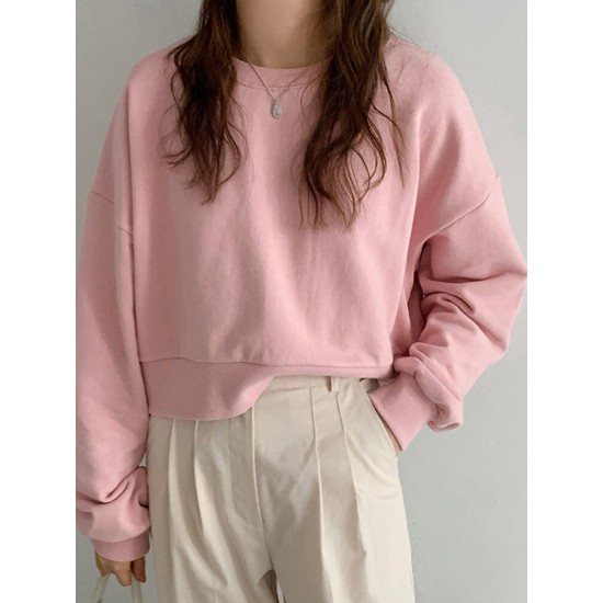 Women Long Sleeve Solid Round Necked Narrow Hem Pullover Sweatshirt Women Long Sleeve Solid Round Necked Narrow Hem Pullover Sweatshirt