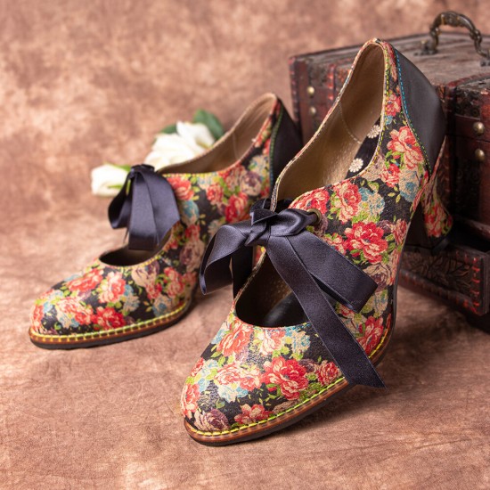 SOCOFY Women Elegant Graceful Little Flowers Printed Comfy Wearable Lace Up Stitching Chunky Heel Pumps SOCOFY Women Elegant Graceful Little Flowers Printed Comfy Wearable Lace Up Stitching Chunky Heel Pumps