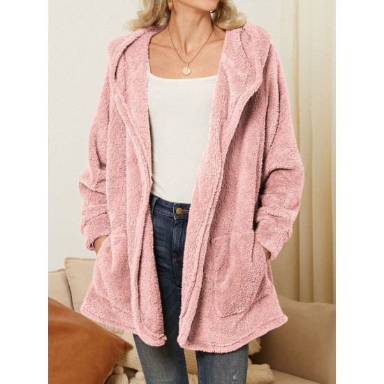 Women Plush Coat Open Front Side Pockets Casual Hooded Sweatshirt Women Plush Coat Open Front Side Pockets Casual Hooded Sweatshirt