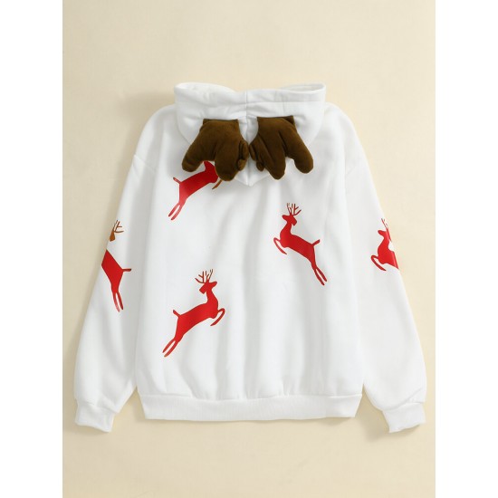 Women Christmas Printed Antler Fleece Thick Casual Hooded Sweatshirt Women Christmas Printed Antler Fleece Thick Casual Hooded Sweatshirt