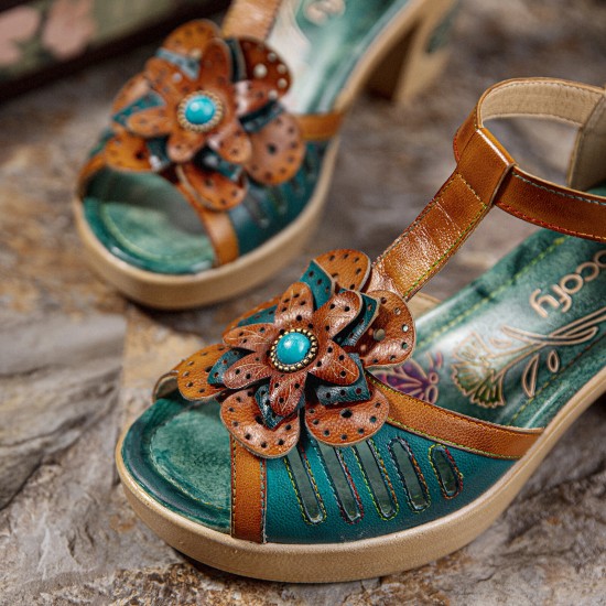Genuine Leather Retro Three dimensional Flower Comfy Breathable Hollow Heeled Sandals Genuine Leather Retro Three dimensional Flower Comfy Breathable Hollow Heeled Sandals