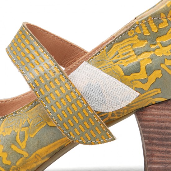 SOCOFY Butterfly Deocr Printed Cowhide Leather Hook Loop Comfy Wearable Chunky Heel Pumps SOCOFY Butterfly Deocr Printed Cowhide Leather Hook Loop Comfy Wearable Chunky Heel Pumps