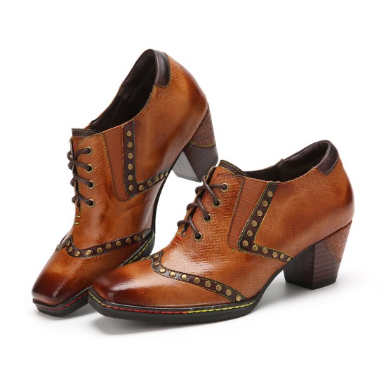 Genuine Leather Comfy Lace up Retro Square Toe Oxfords Heels Genuine Leather Comfy Lace up Retro Square Toe Oxfords Heels